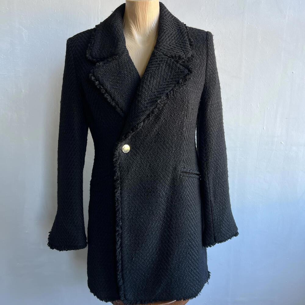 Brand New Zara Women Black Textured Tweed Blazer Coat M Medium Fringe Trim Fall